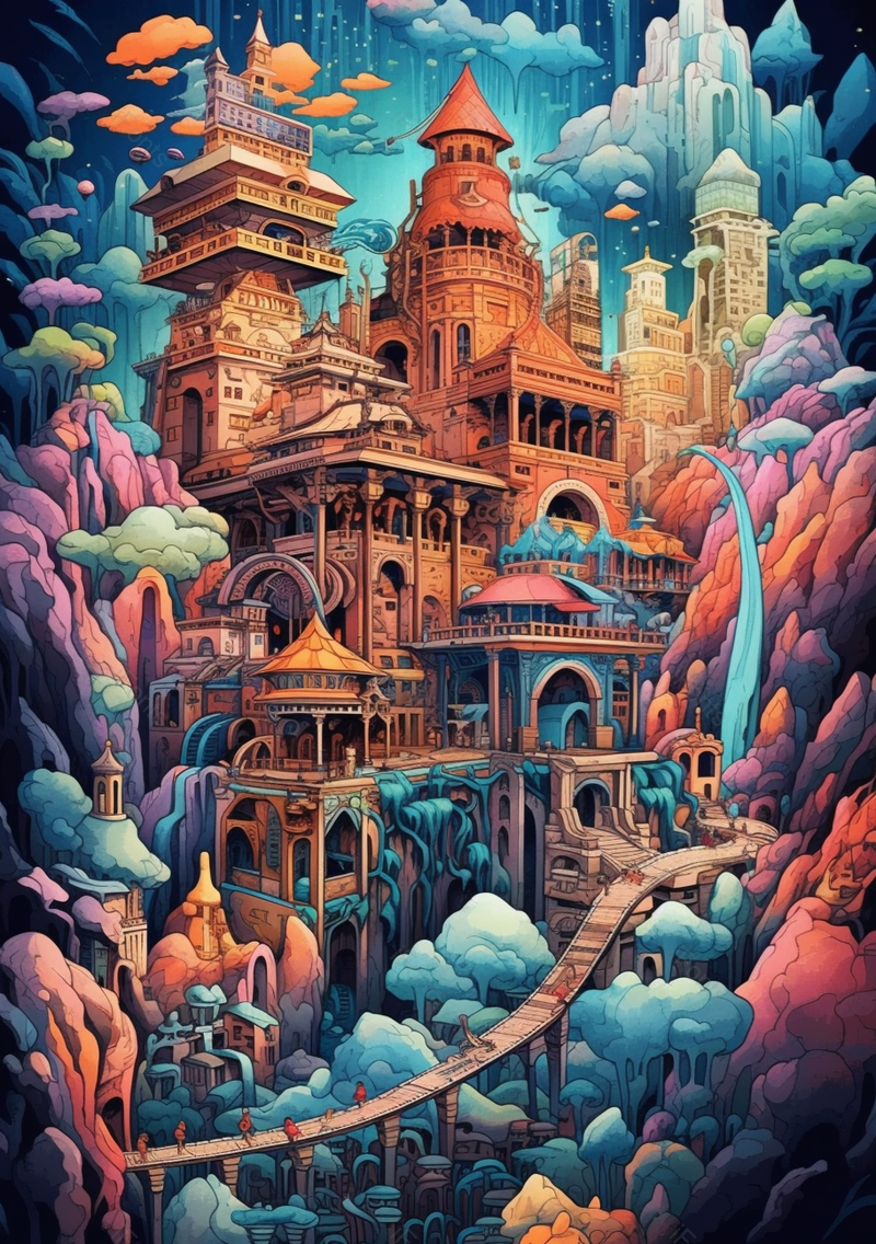 诡异风渐变色的山峰环梯而上的高层城楼建筑插画,插画/手绘图,插画/手绘图库,插画/手绘图下载,插画/手绘